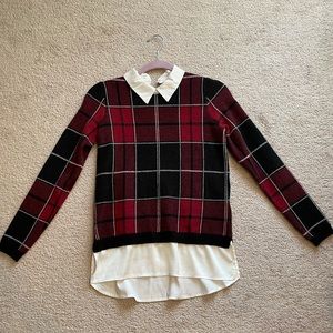 Tahari Plaid Sweater with Satin Collar